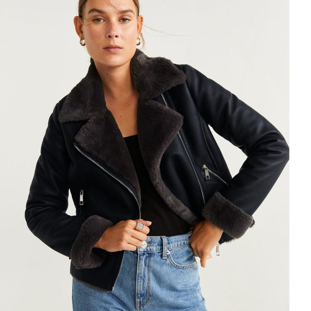 Mango Faux Fur & Leather Biker Jacket